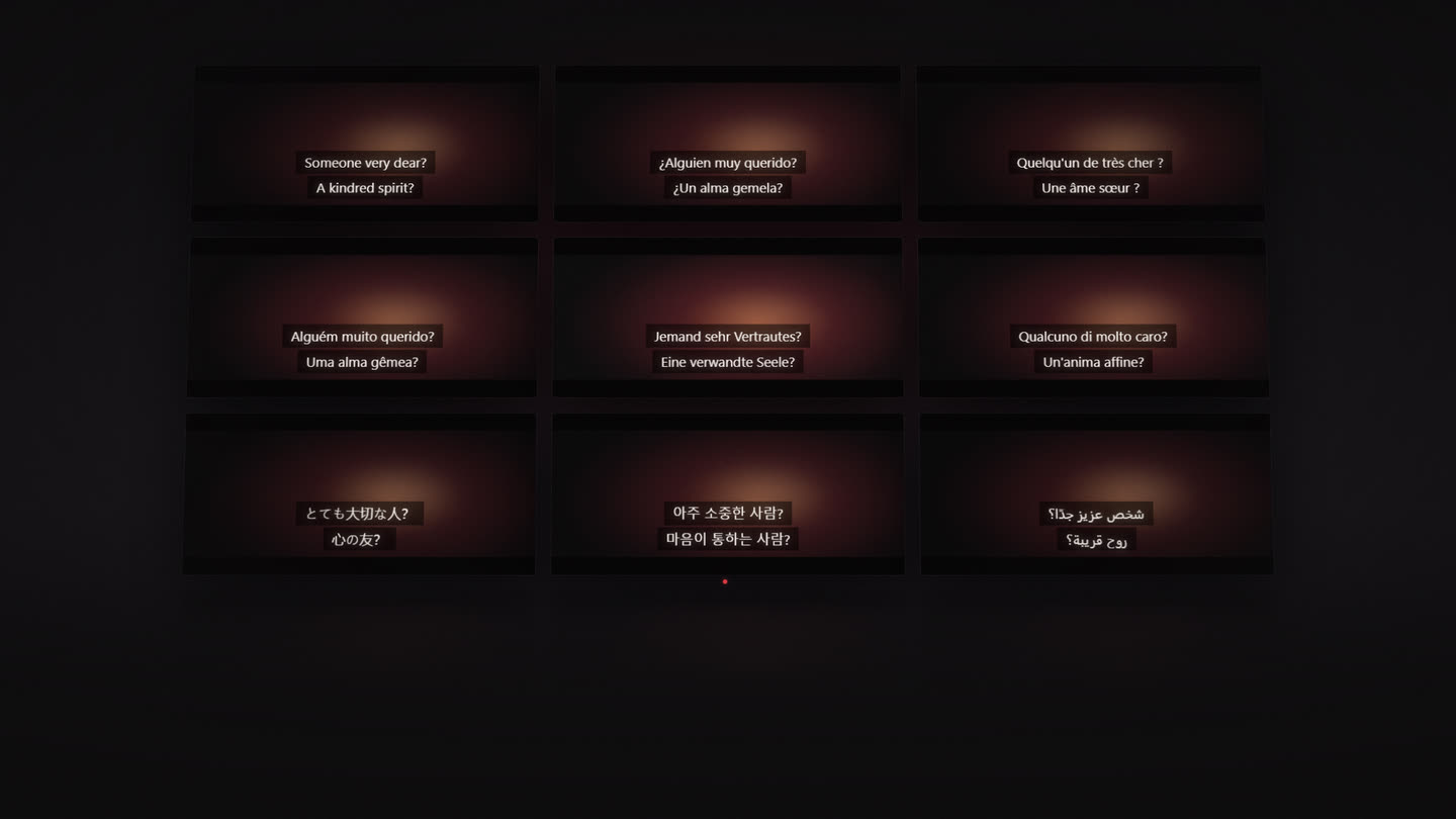 A dark wall of nine screens showing the same warm firelit frame, each with a caption strip in a different language.